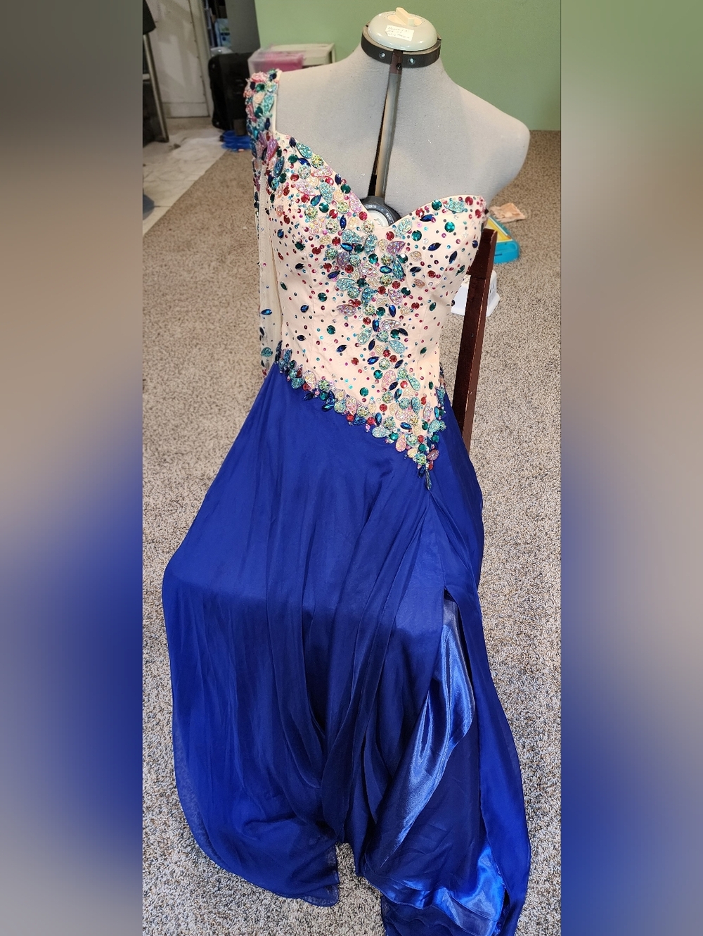 MacDuggal Blue One Shoulder Beaded Prom Dress Chiffon Slit Gown NWT Size  10